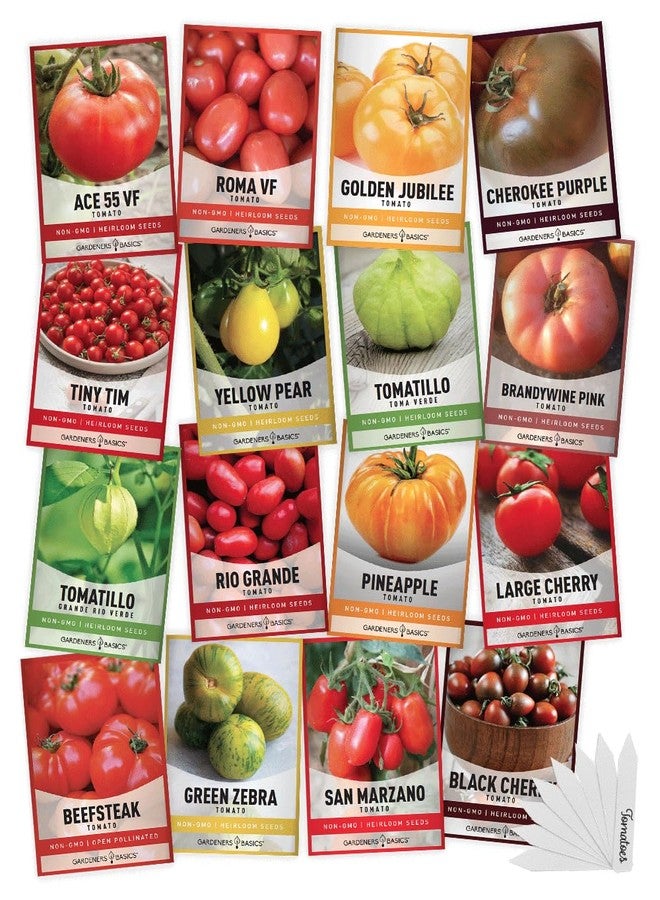 Gardeners Basics بذور طماطم أساسية للزراعة، عبوة من 16 نوعًا مختلفًا: بذور طماطم تراثية، تيني تيم، بذور طماطم كرزية، بذور طماطم لحمية، بذور طماطم روما، بذور طماطم محددة النمو وغير محددة النمو، وغيرها، غير معدلة وراثيًا. - Image 1
